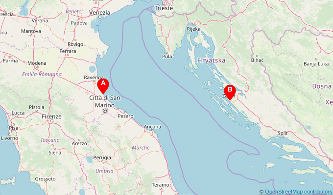Map of ferry route between Cesenatico and Zadar